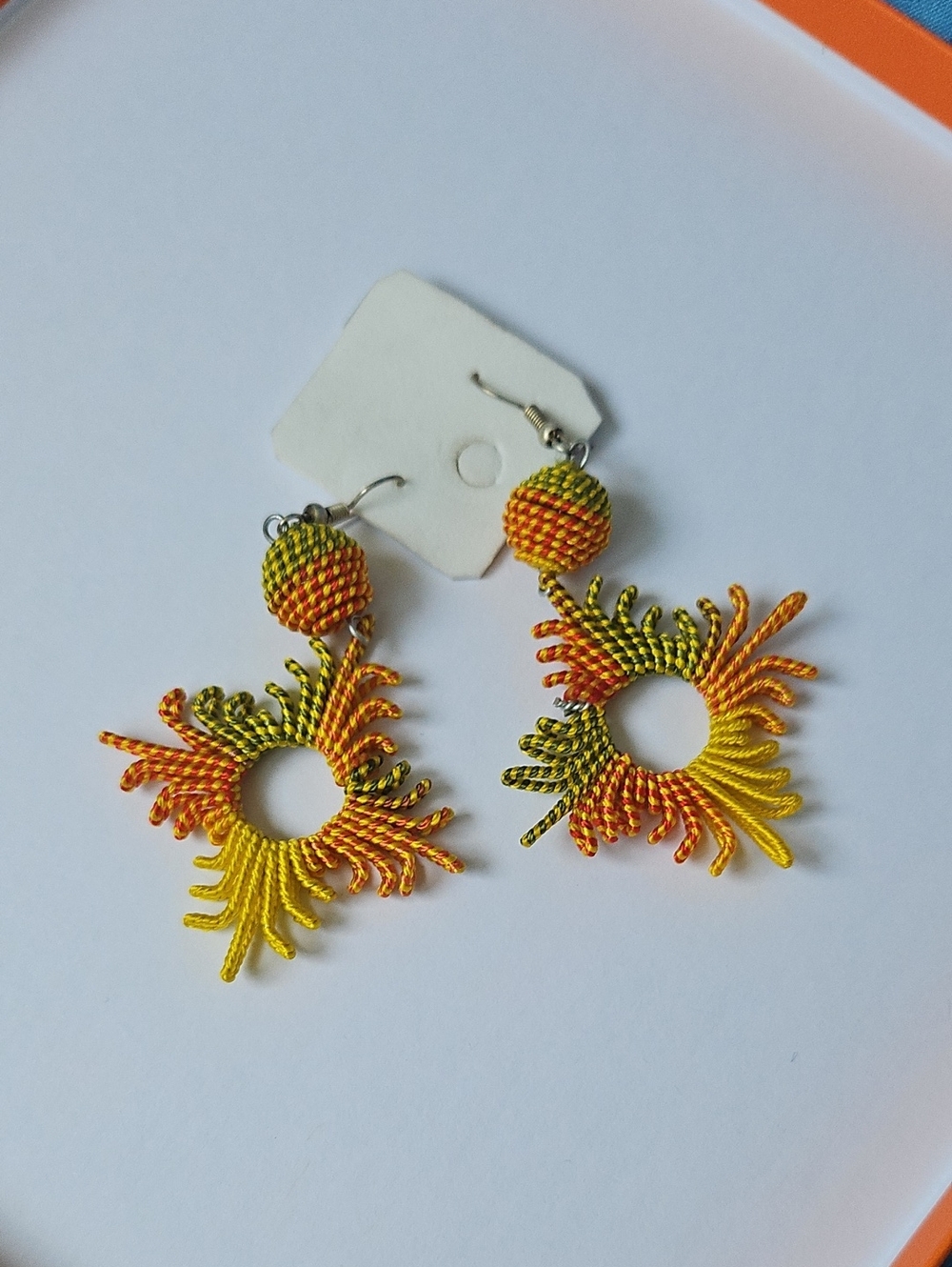 Handcrafted Yellow Orange Green Sunburst Thread Hoop Earrings